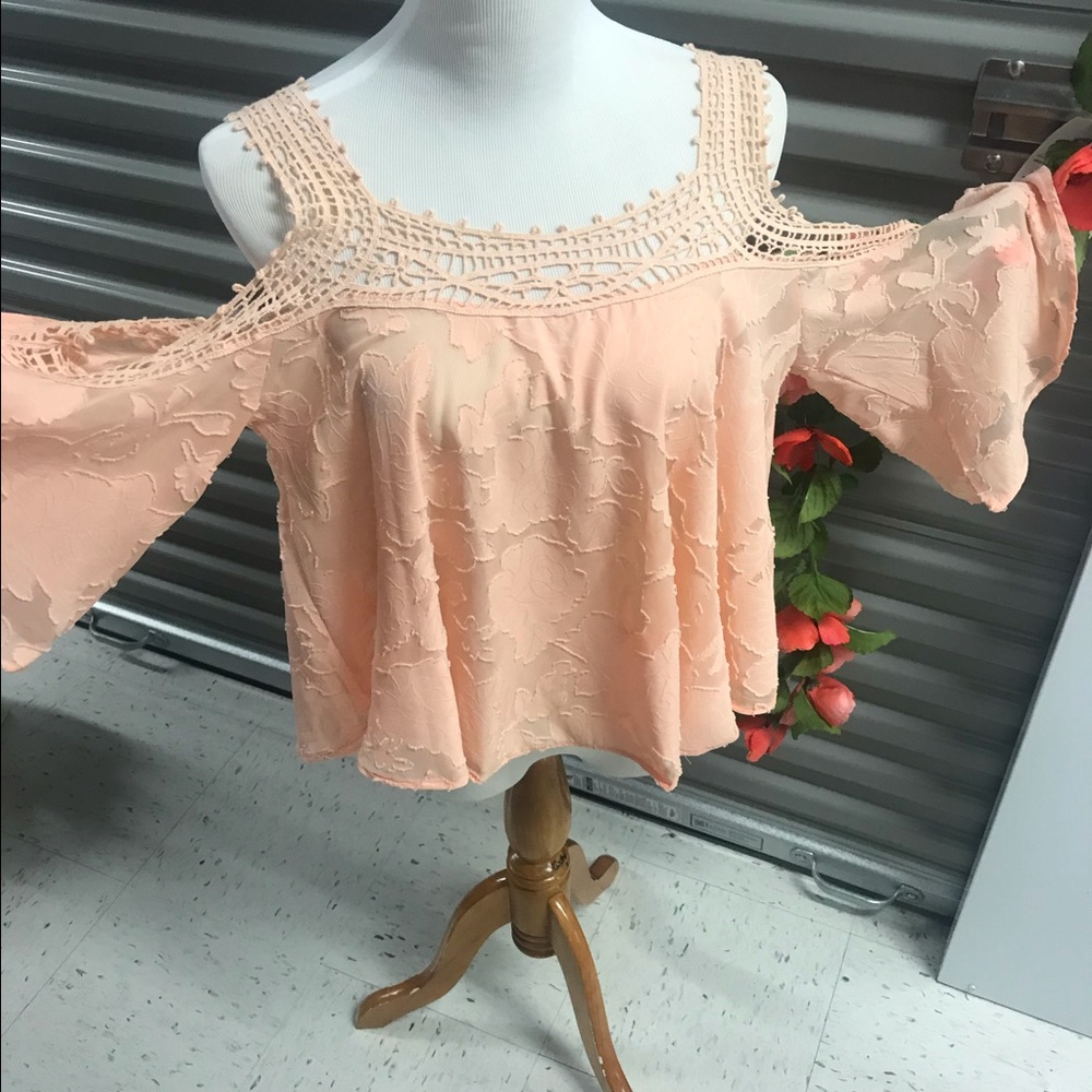 Charlotte Russe cold shoulder 3/4 bell sleeves lace top & straps, peach color